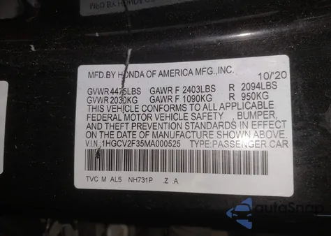 2021 Honda Accord Sport 2.0T z USA, uszkodzony, nr VIN 1HGCV2F35MA000525